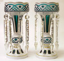 Pair Bohemian Green & White Glass Lustres