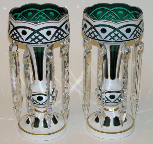 Pair Bohemian Green & White Glass Lustres