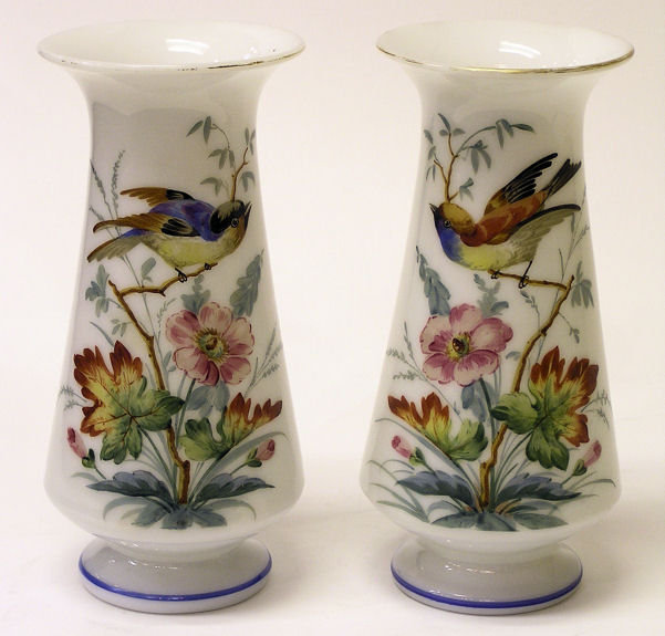 Pair Gilded Enamelled Opaline Glass Vases