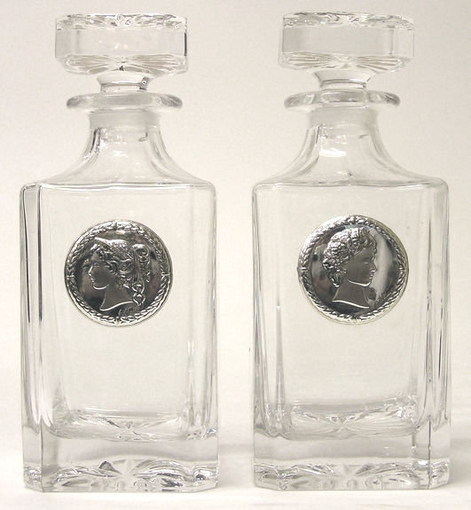 Pair of Neoclassical Italian Sterling Silver & Glass Decanters