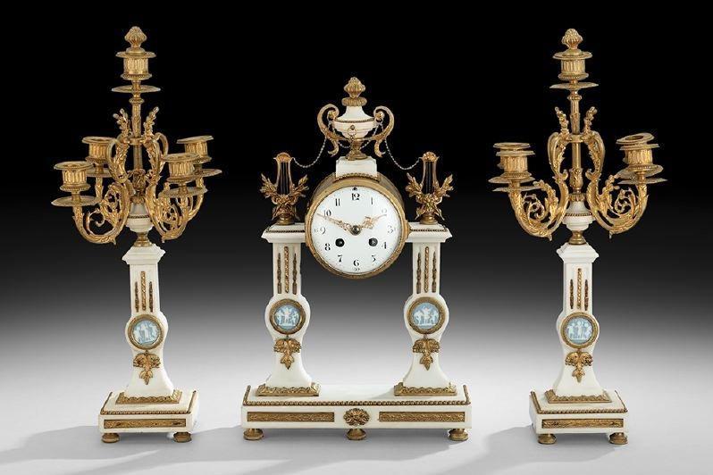 Antique Louis XVI Style Marble Bronze Clock Garniture