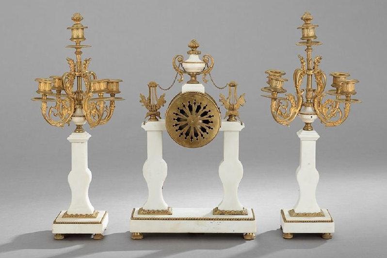 Antique Louis XVI Style Marble Bronze Clock Garniture