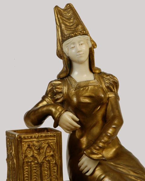 Gothic Female Bronze & Ivory Sculpture by Raphanel