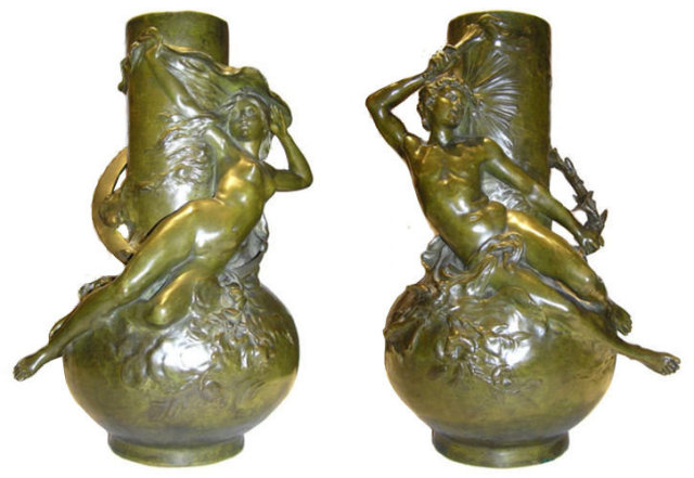 Pair LOUIS MOREAU Figural Bronze Vases