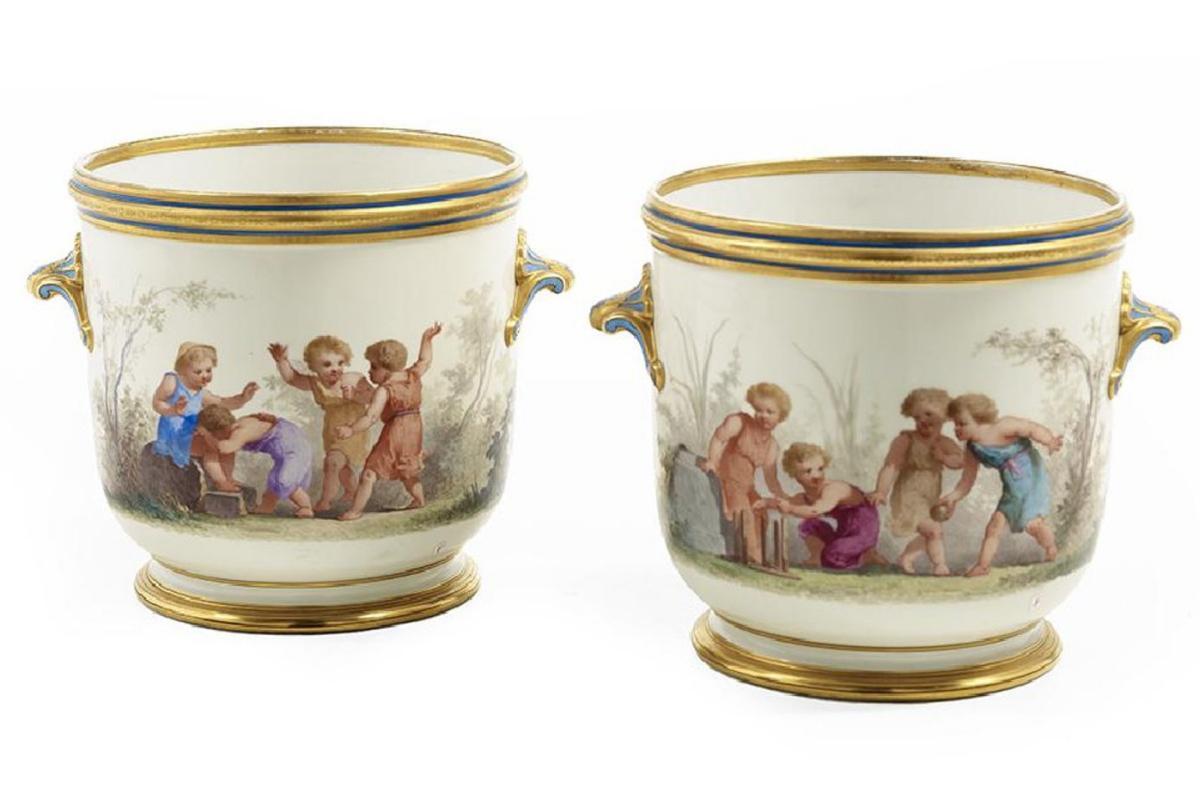 Pair Antique Paris Porcelain Hand Painted Cachepots
