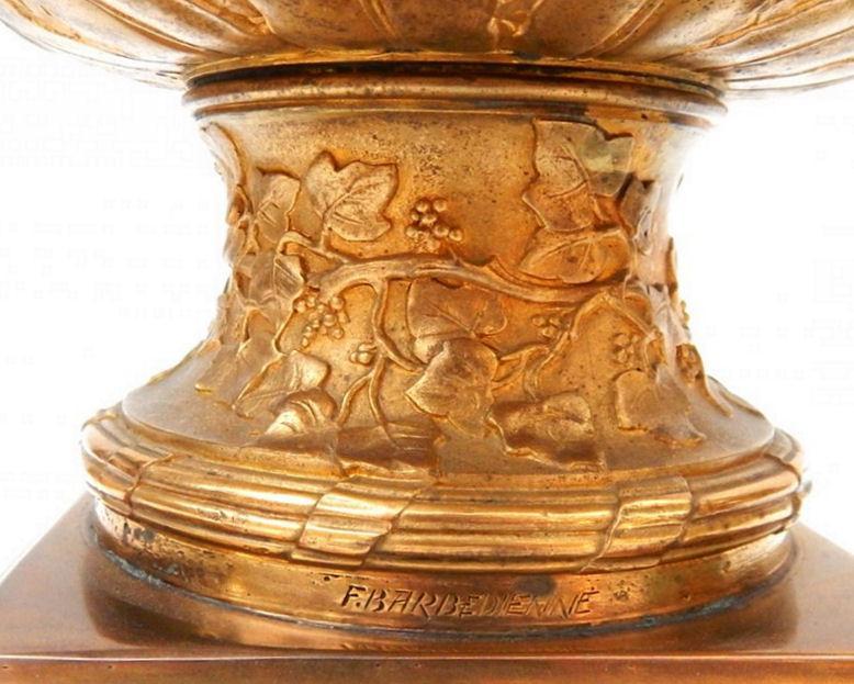 Pair Antique Neoclassical Gilt Bronze Malachite Stone Mounted Vases from Barbedienne