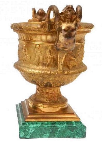 Pair Antique Neoclassical Gilt Bronze Malachite Stone Mounted Vases from Barbedienne