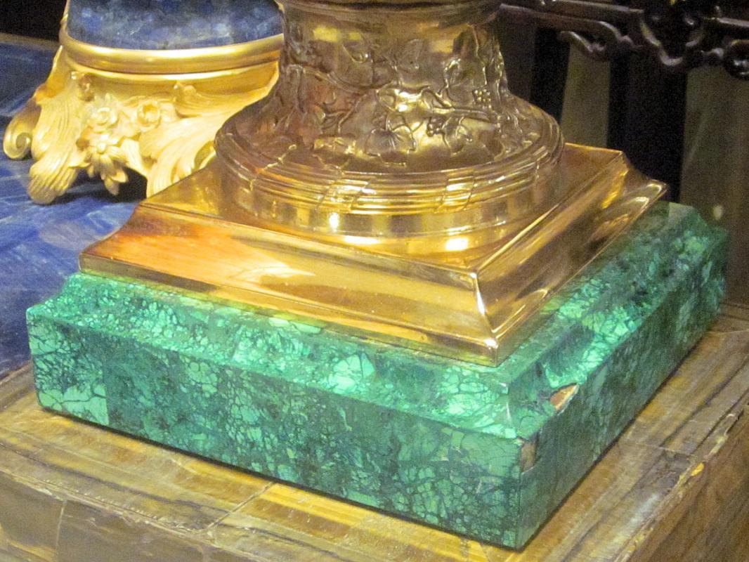 Pair Antique Neoclassical Gilt Bronze Malachite Stone Mounted Vases from Barbedienne