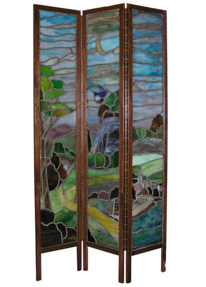 Antique Arts & Crafts Stained Glass Screen Room Divider