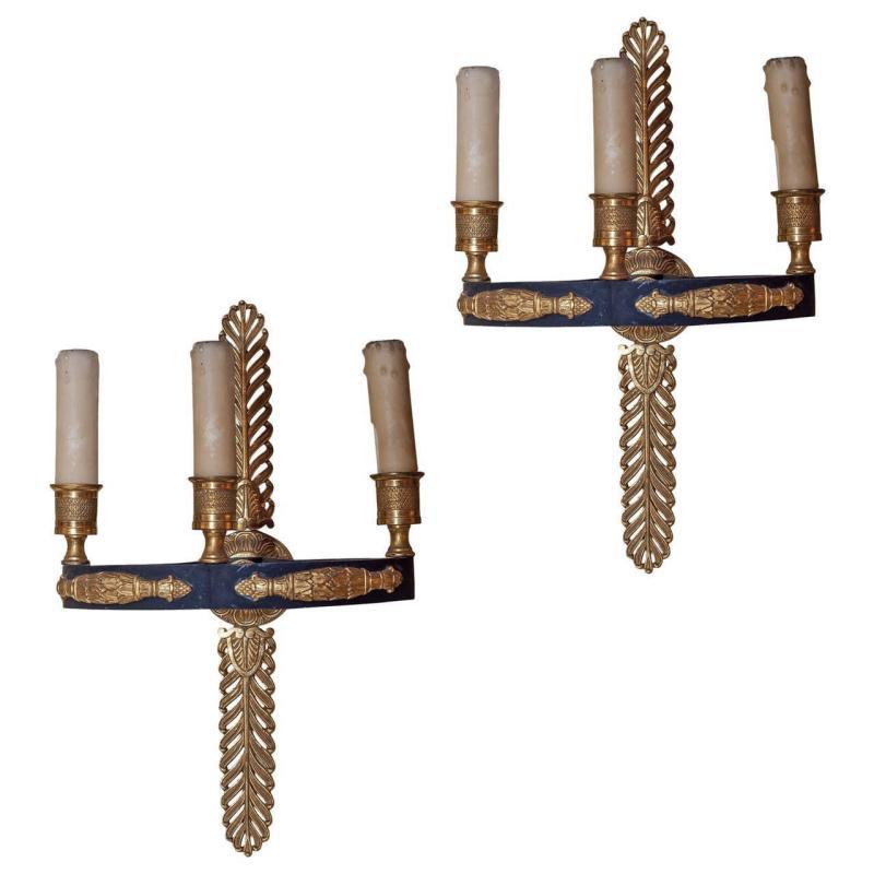 Pair French Empire Style Gilt Bronze Sconces