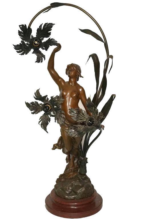 Antique Art Nouveau Patinated Bronze Table Lamp