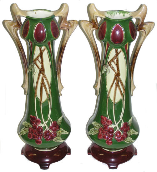 Pair Art Nouveau Faience Majolica Vases
