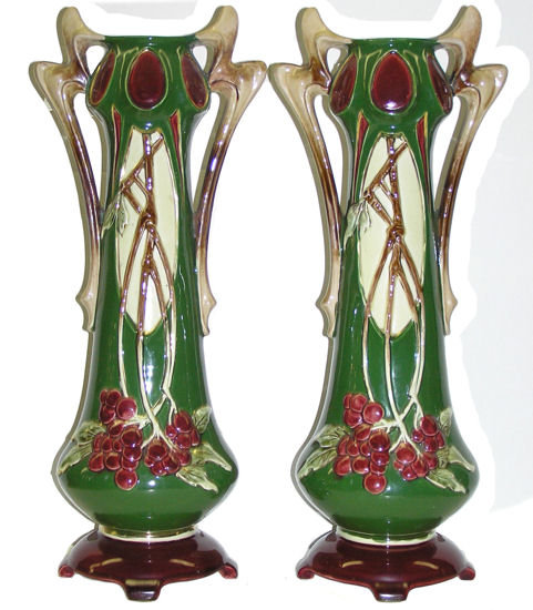 Pair Art Nouveau Faience Majolica Vases