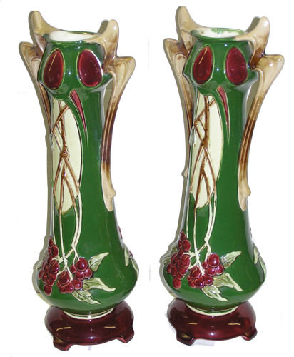 Pair Art Nouveau Faience Majolica Vases