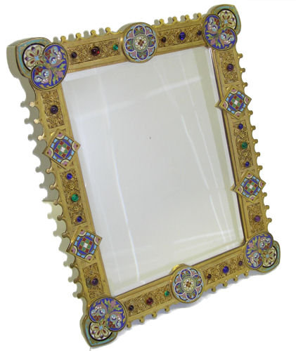 Russian Jewelled Champleve Bronze Mirror