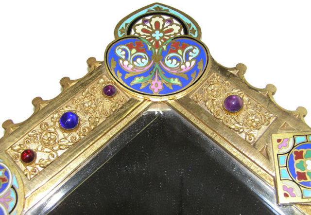 Russian Jewelled Champleve Bronze Mirror