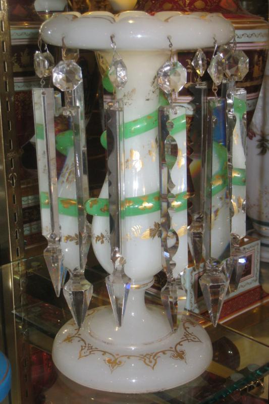 Pair Antique French Opaline Glass Luster Candleholders