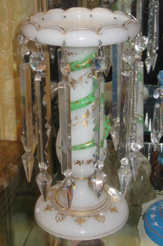 Pair Antique French Opaline Glass Luster Candleholders