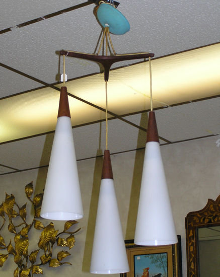 Pair Danish Teak Mid-Century Chandeliers