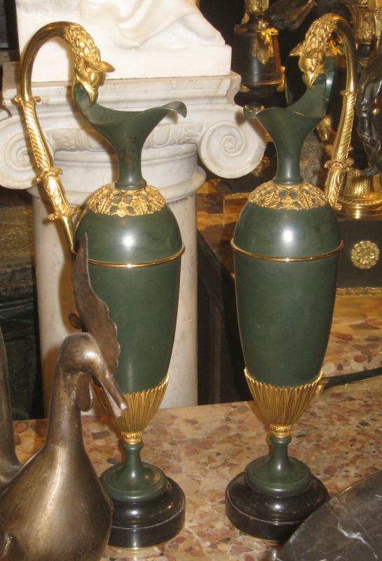 Pair Antique French Empire Patinated & Gilt Bronze Ewers Urns in Manner of Andre-Antoine Ravrio