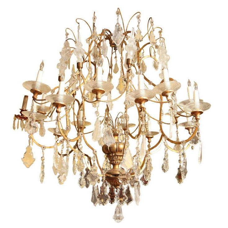 Vintage Venetian Italian Gilt Metal and Giltwood 16-Arm Chandelier