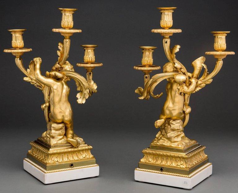 Pair Henry Dasson Gilt Bronze and Marble Figural Candelabra