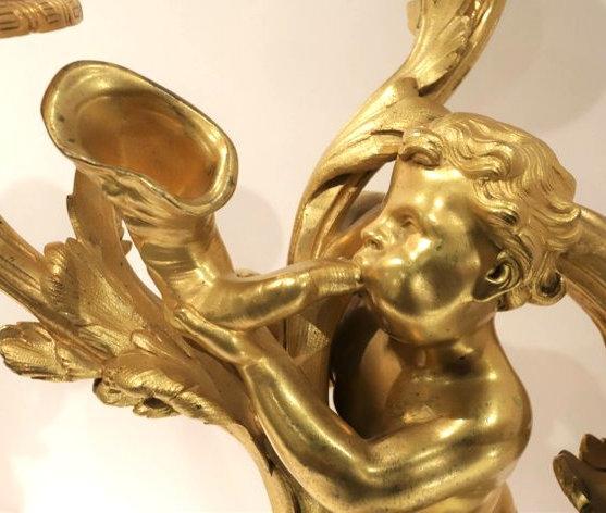 Pair Henry Dasson Gilt Bronze and Marble Figural Candelabra