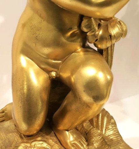 Pair Henry Dasson Gilt Bronze and Marble Figural Candelabra
