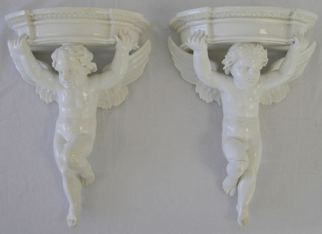 Pair Porcelain Putti Cupid Wall Brackets