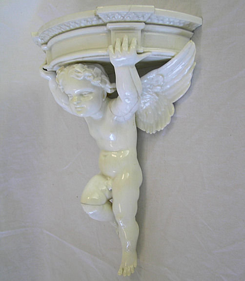 Pair Porcelain Putti Cupid Wall Brackets