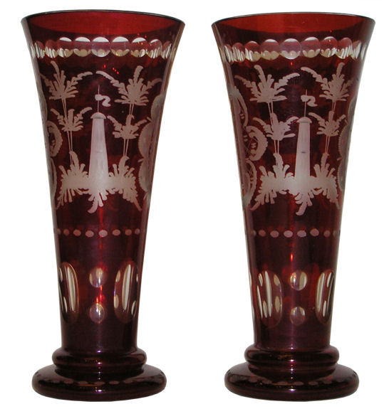Pair Bohemian Ruby Flashed Etched Vases
