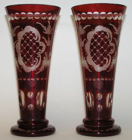 Pair Bohemian Ruby Flashed Etched Vases