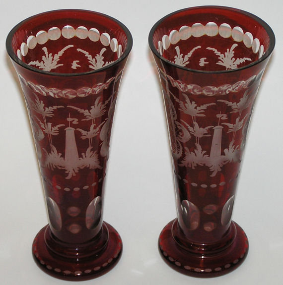 Pair Bohemian Ruby Flashed Etched Vases