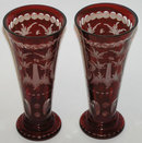 Pair Bohemian Ruby Flashed Etched Vases