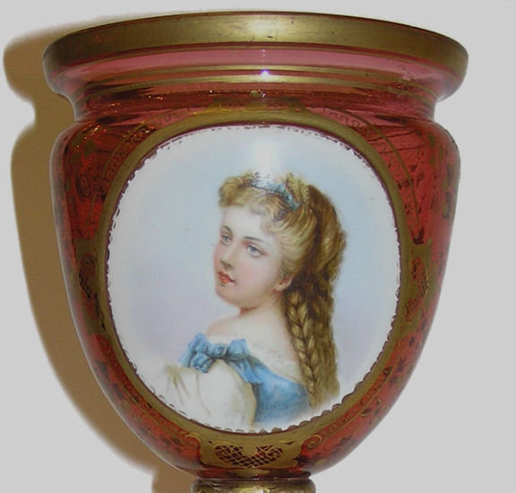 Venetian Red Glass Goblet with Portrait