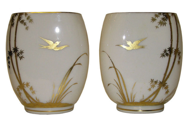 Pair White Opaline Glass Gilded Vases
