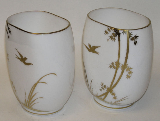Pair White Opaline Glass Gilded Vases