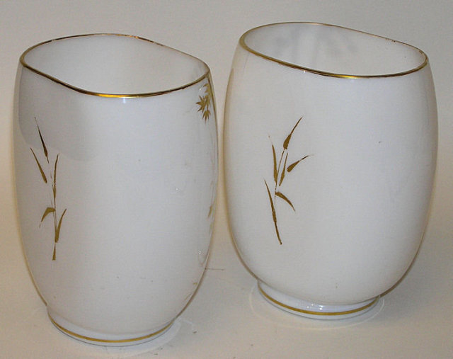 Pair White Opaline Glass Gilded Vases