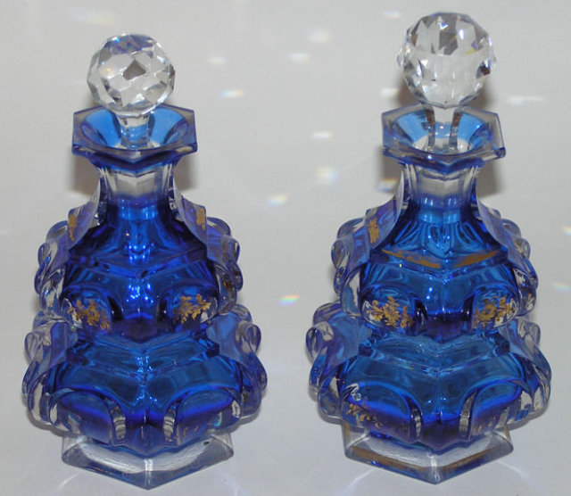 Pair Antique Gilded Flashed Blue Parcel Gilt Glass Perfume Fragrance Bottles