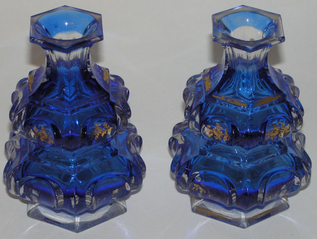 Pair Antique Gilded Flashed Blue Parcel Gilt Glass Perfume Fragrance Bottles