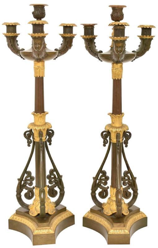 Pair Antique French Empire Style Gilt and Patinated Bronze Candelabra