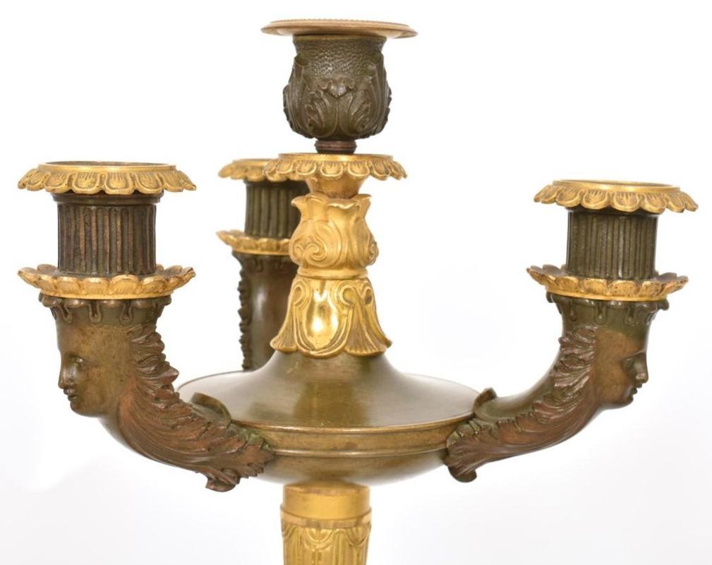Pair Antique French Empire Style Gilt and Patinated Bronze Candelabra