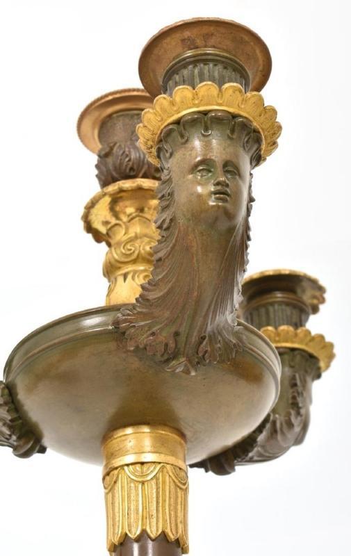 Pair Antique French Empire Style Gilt and Patinated Bronze Candelabra