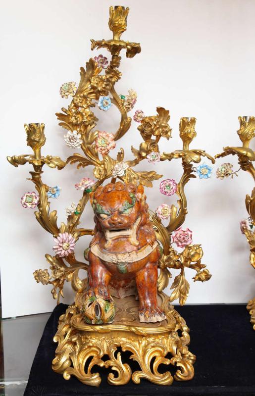 Pair Antique Chinese Sancai Pottery Foo Dog and Bronze Candelabra