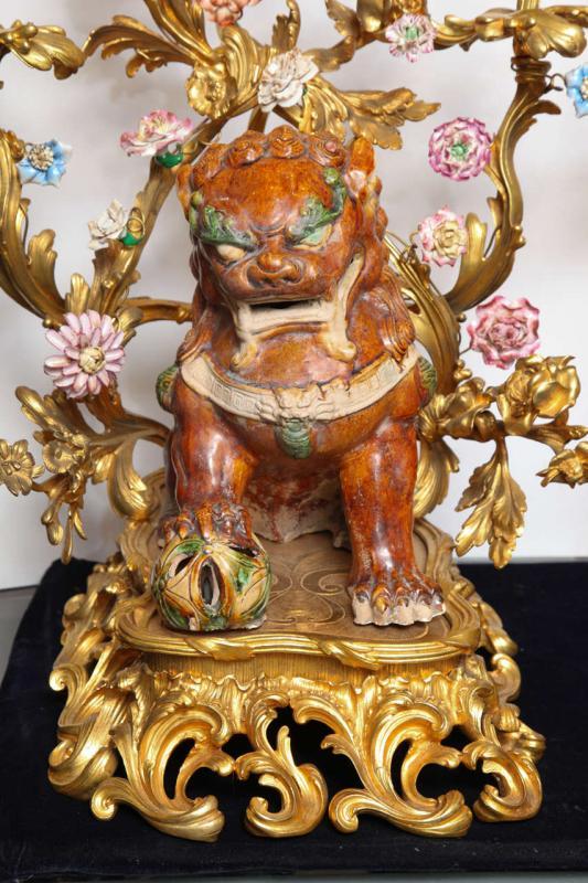 Pair Antique Chinese Sancai Pottery Foo Dog and Bronze Candelabra