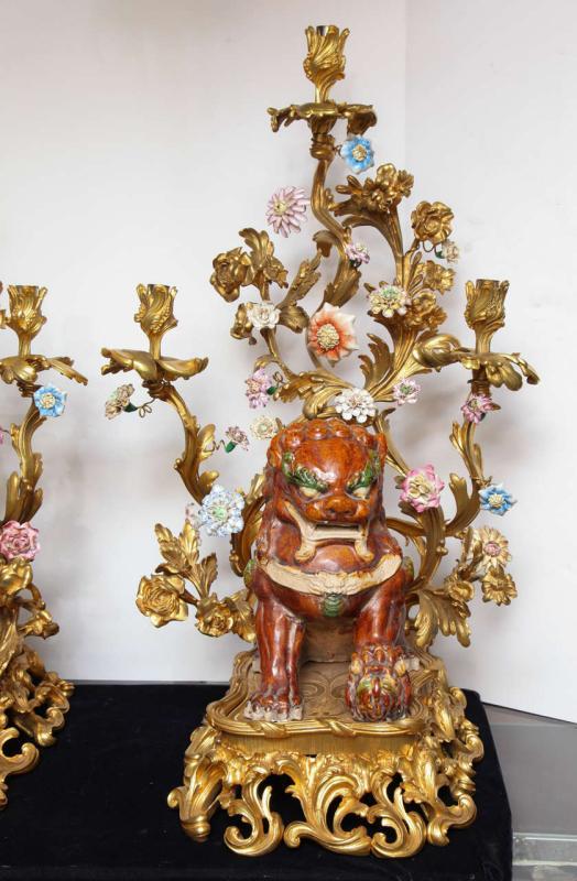 Pair Antique Chinese Sancai Pottery Foo Dog and Bronze Candelabra