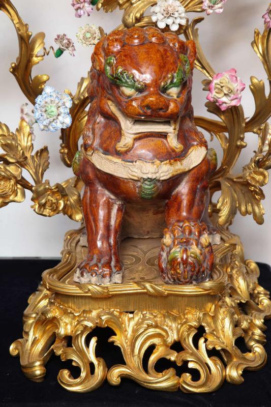 Pair Antique Chinese Sancai Pottery Foo Dog and Bronze Candelabra