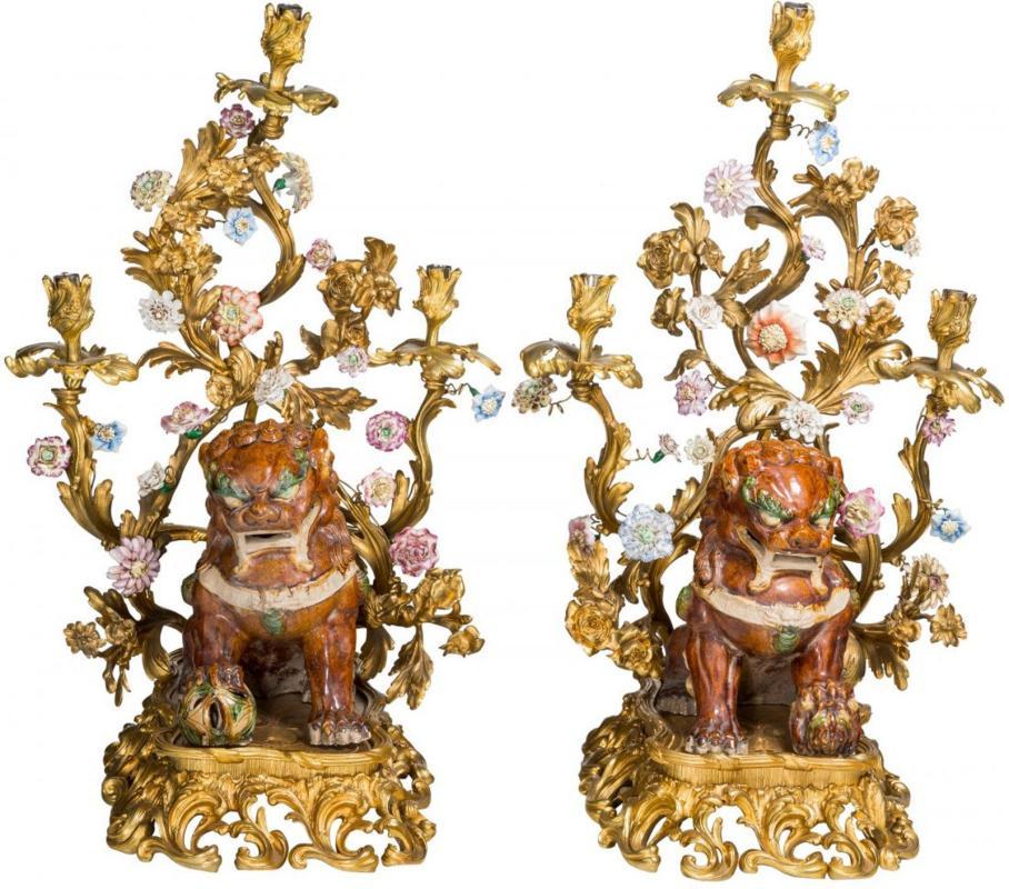 Pair Antique Chinese Sancai Pottery Foo Dog and Bronze Candelabra