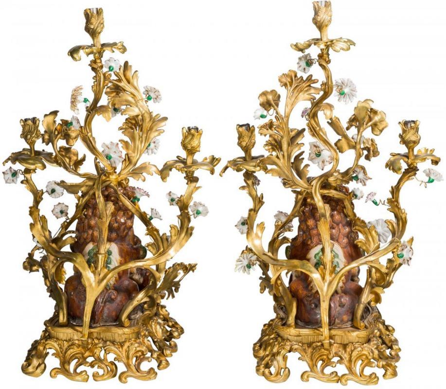 Pair Antique Chinese Sancai Pottery Foo Dog and Bronze Candelabra