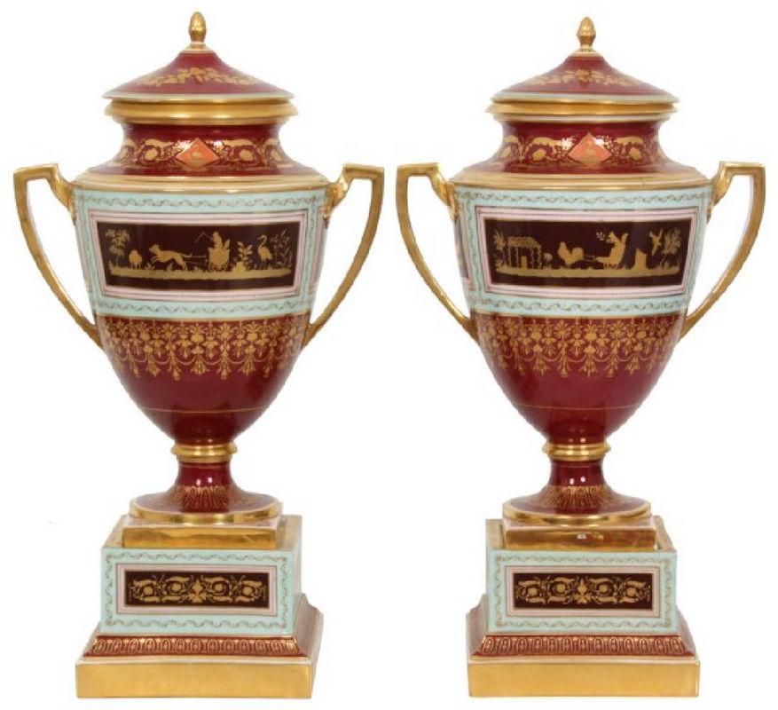 Pair Antique Royal Vienna Covered Urns